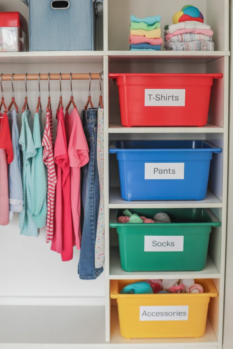 A neatly organized kids' closet with personalized dividers and labeled bins.