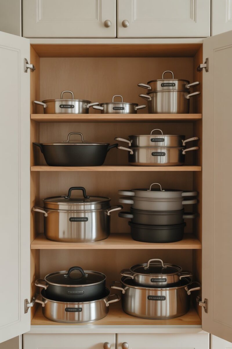A neatly organized kitchen cabinet with stacked pots and pans.