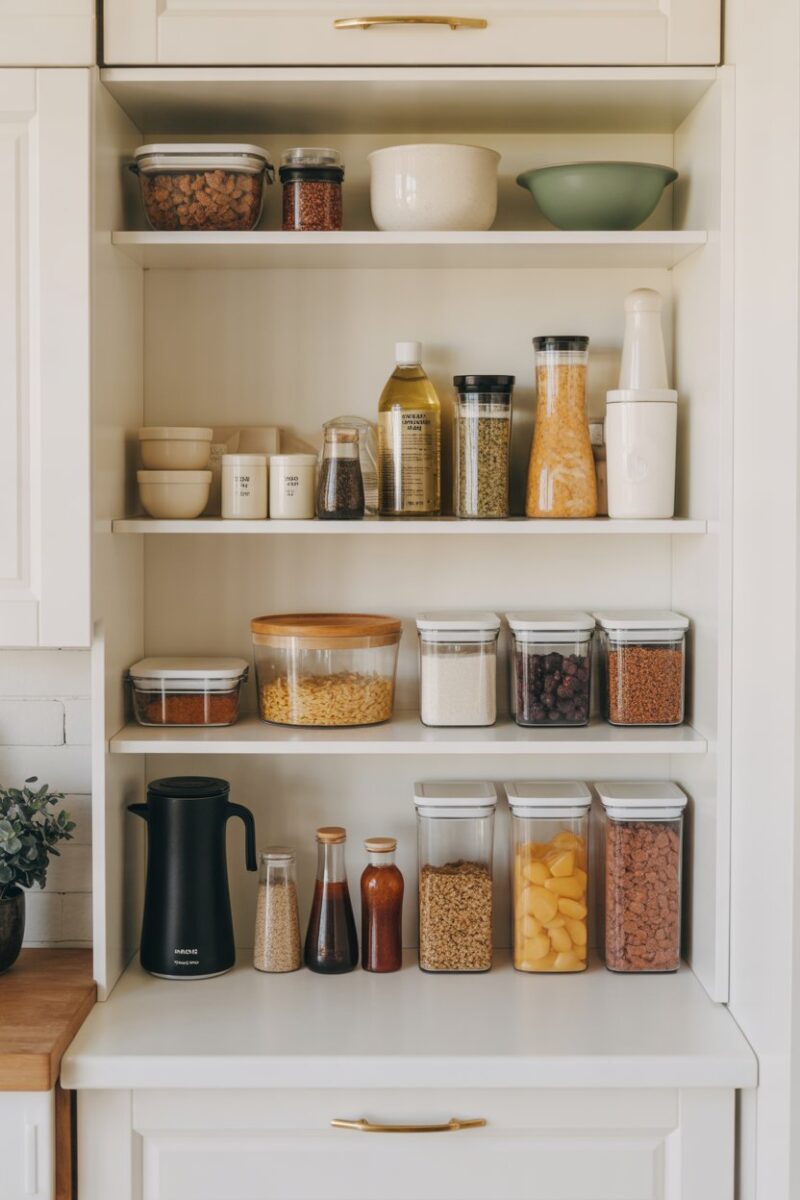 A neatly organized kitchen cabinet with various food items and containers.