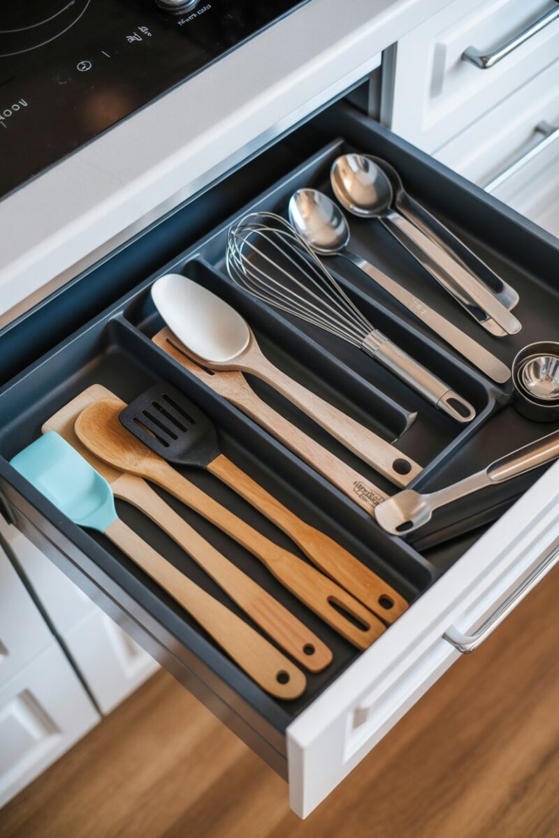 A neatly organized kitchen drawer with various cooking utensils and tools.
