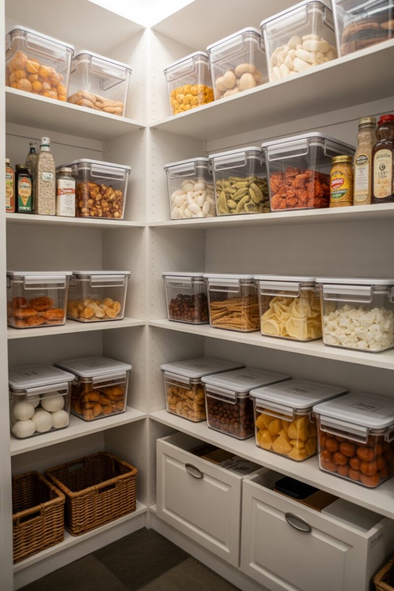 A neatly organized pantry with clear storage containers filled with various food items.