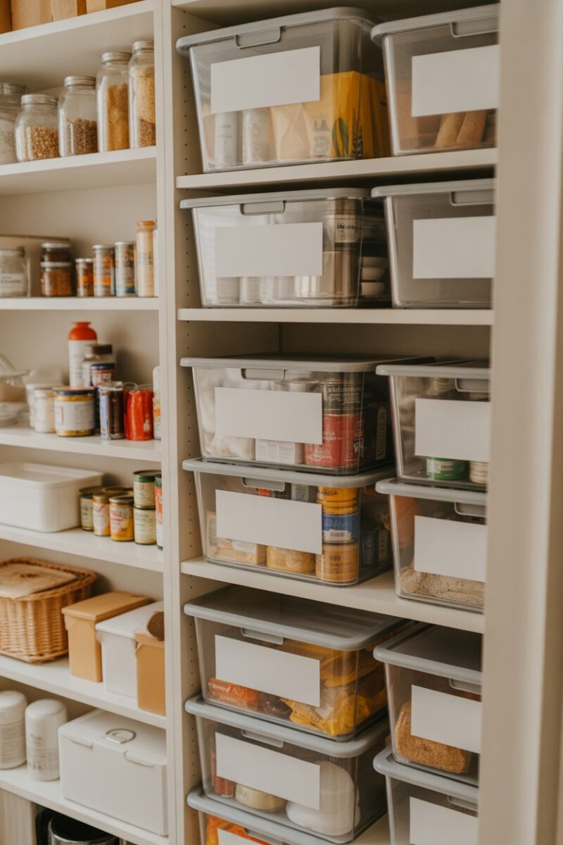 Organized pantry with tall shelves and stackable bins