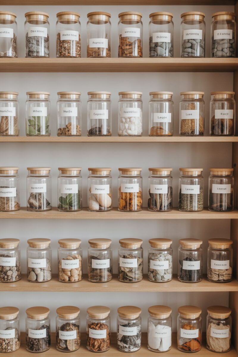 A neatly organized shelf displaying jars filled with various natural items like rocks, leaves, and shells, all labeled for easy identification.