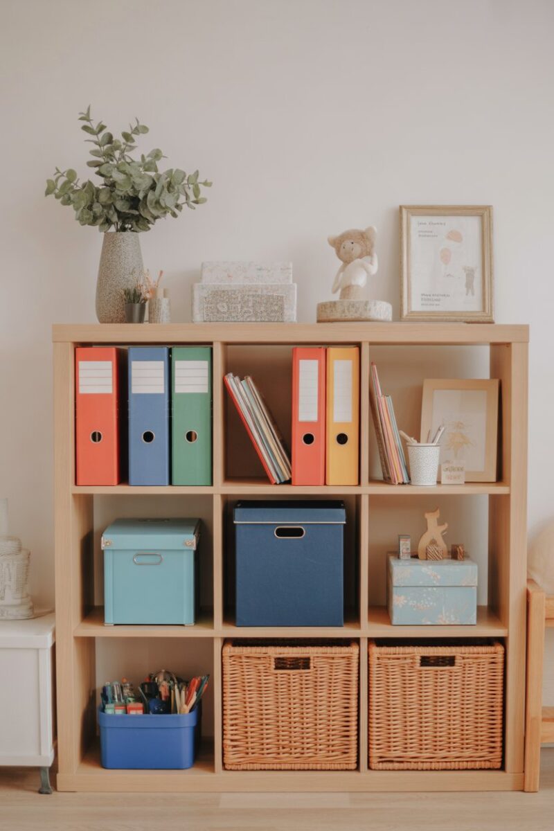 A neatly organized shelf with colorful homework binders and supplies.