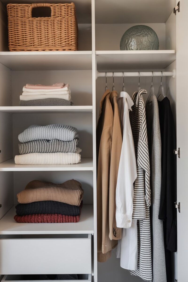 A neatly organized small closet with hanging clothes and stacked sweaters.