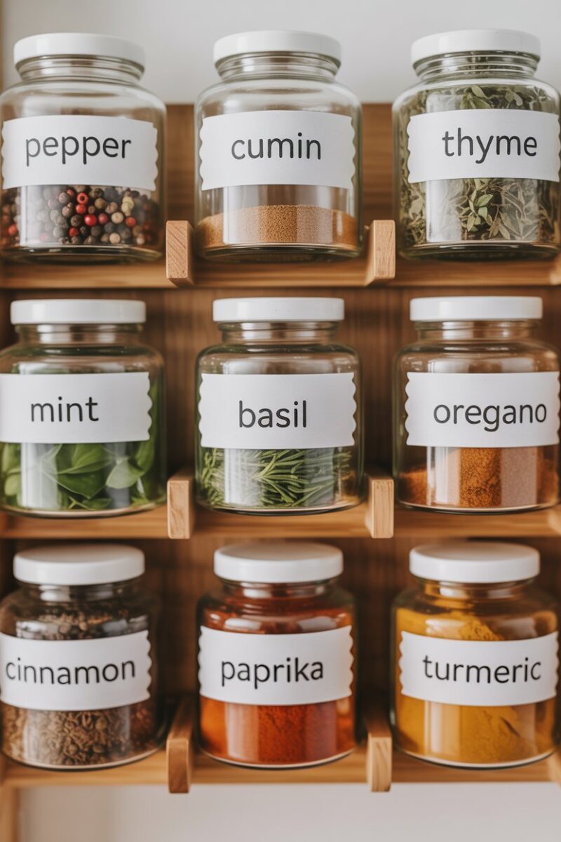 A neatly organized spice rack with labeled jars