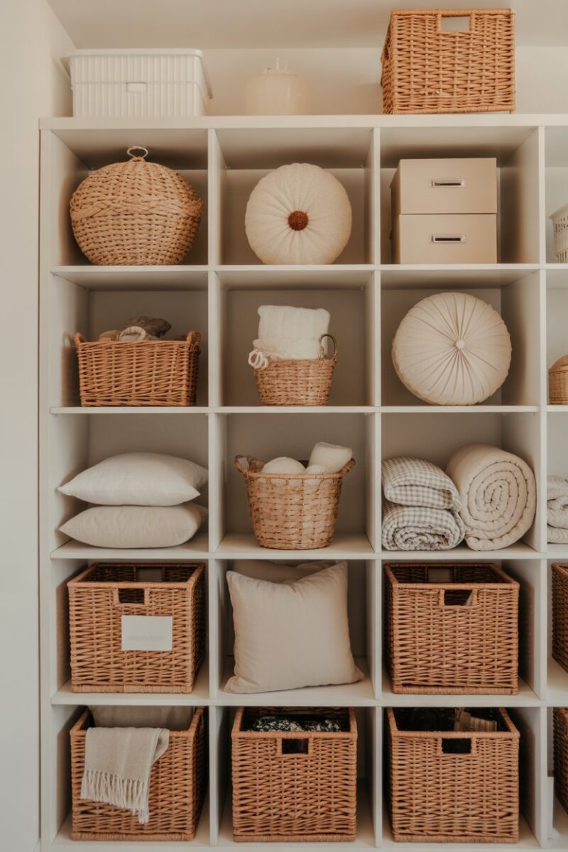 A neatly organized storage room with woven baskets containing soft goods like pillows and blankets.