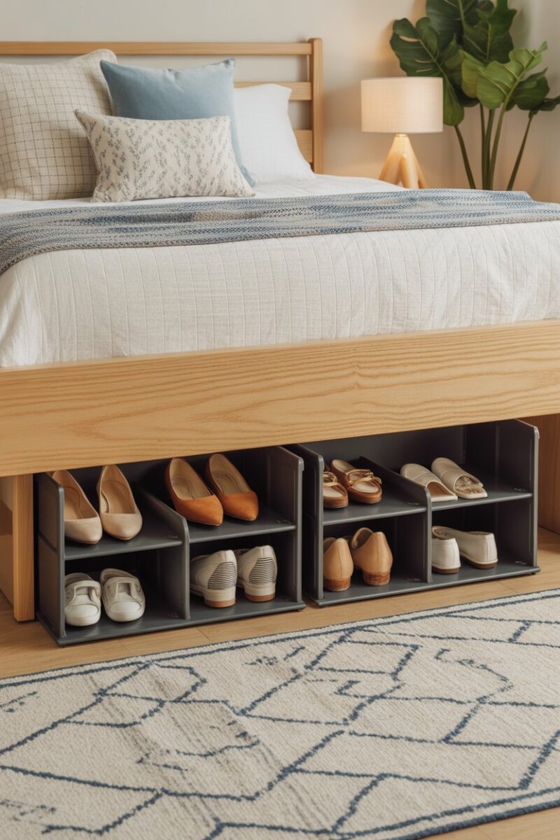 A neatly organized under-bed storage with shoes and accessories.