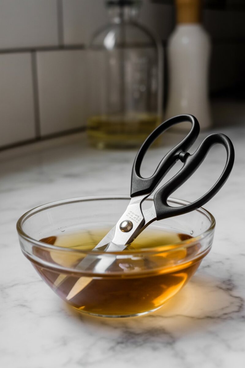 A pair of scissors soaking in a bowl of vinegar on a kitchen counter.