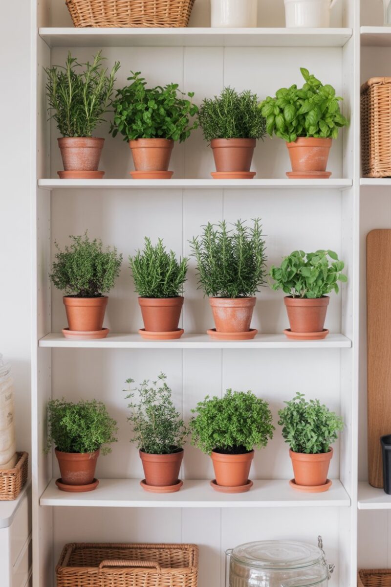 A pantry shelf with small pots of fresh herbs like mint, thyme, and rosemary.