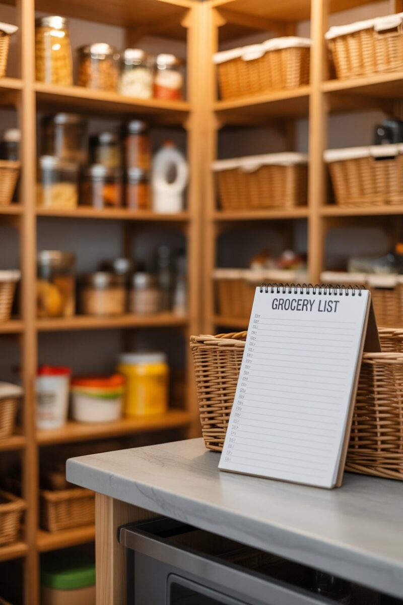 A pantry with organized shelves and a notepad for grocery lists.