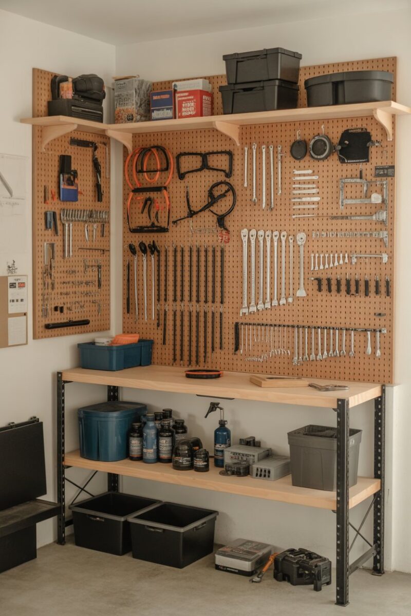 A pegboard wall displaying various tools and supplies in a garage.