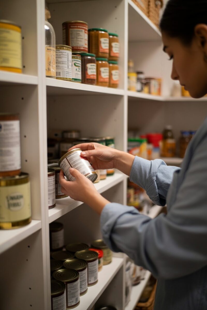 A person checking items in a pantry for expiration dates.
