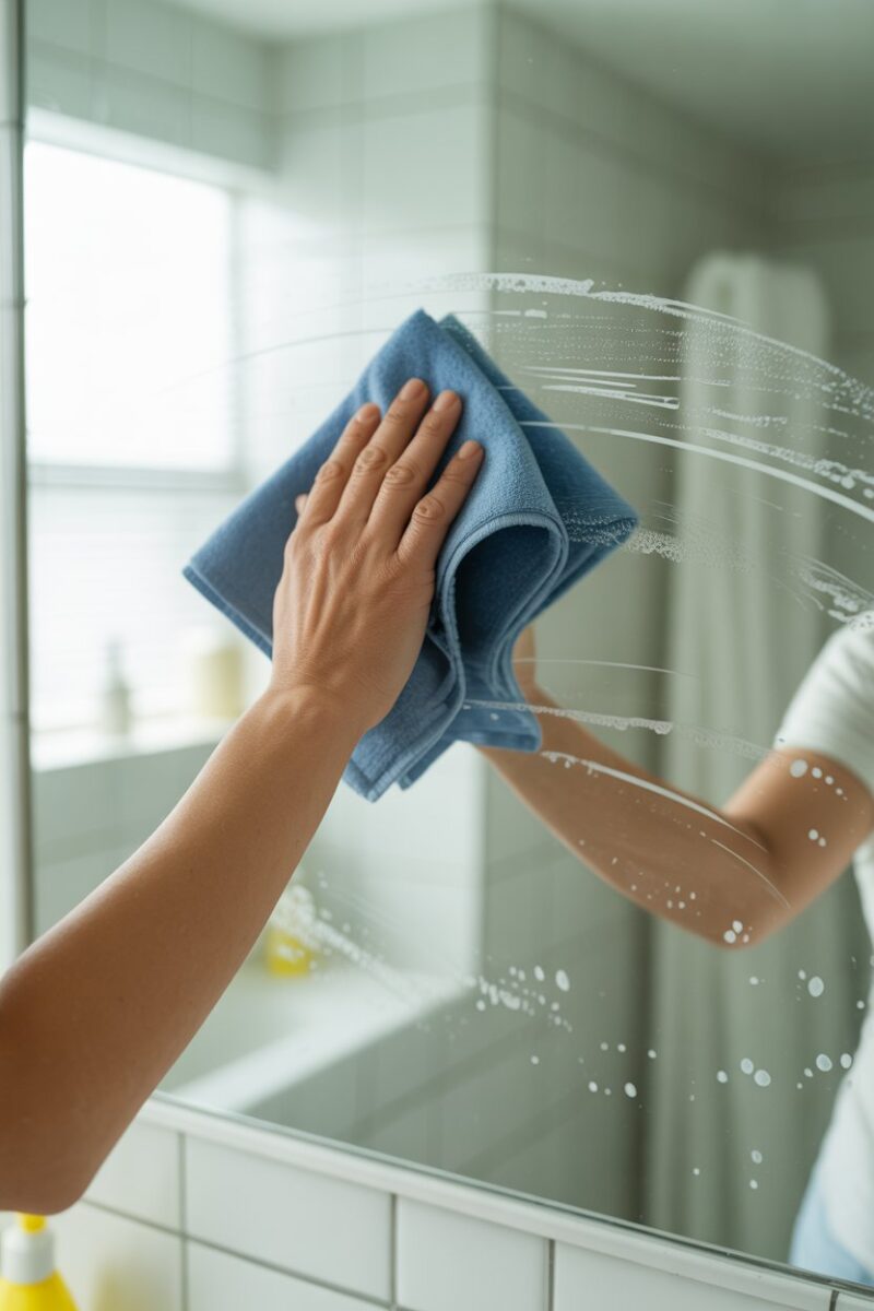 A person cleaning a bathroom mirror with a blue cloth.