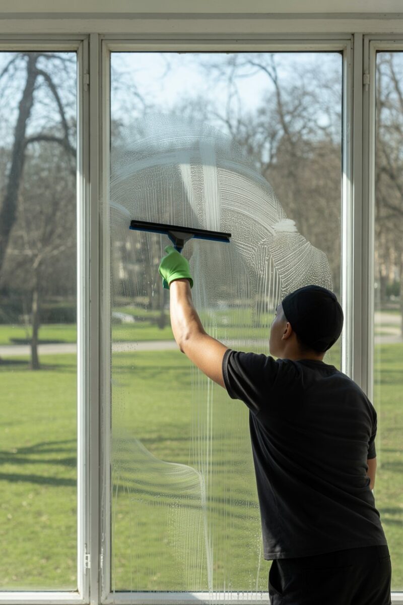 A person cleaning a large window with a squeegee, showing a view of a park outside.