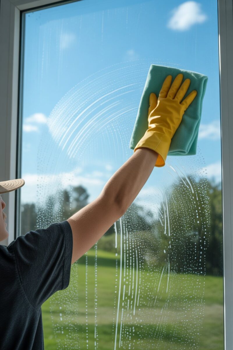 A person cleaning a window on a sunny day, showing streaks on the glass.