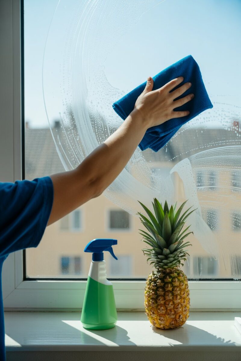A person cleaning a window with a blue cloth, with a pineapple and a spray bottle on the windowsill.