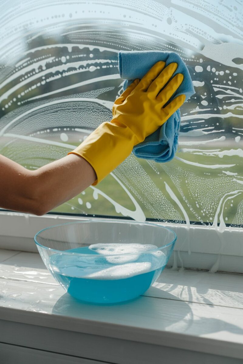 A person cleaning a window with a soapy cloth next to a bowl of soapy water.