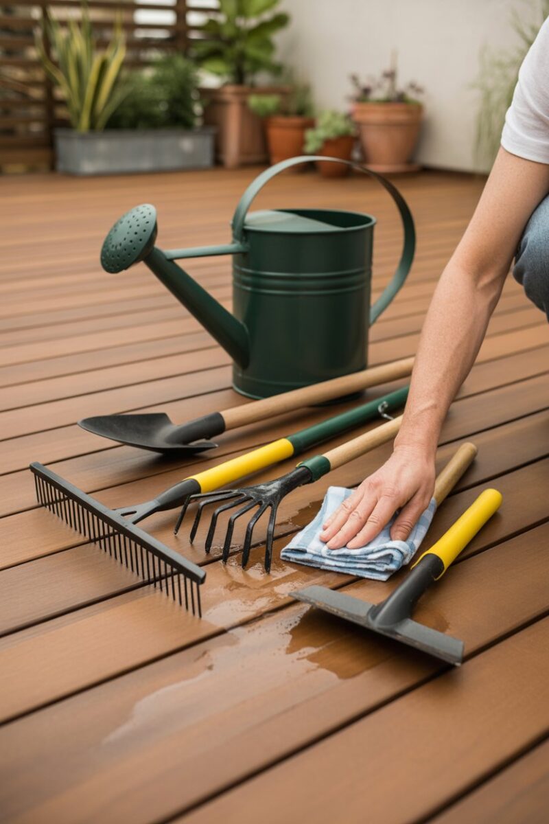 A person cleaning garden tools on a wooden deck.