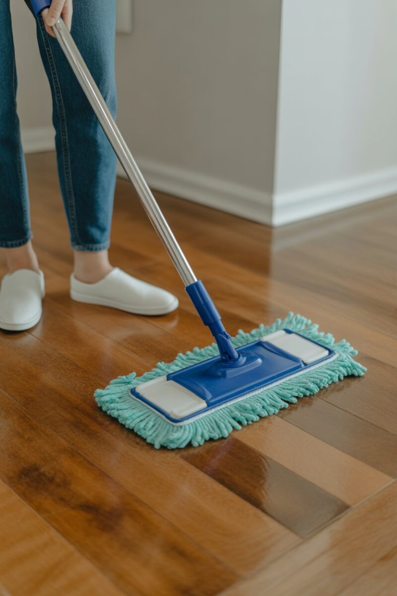A person cleaning hardwood floors with a mop.