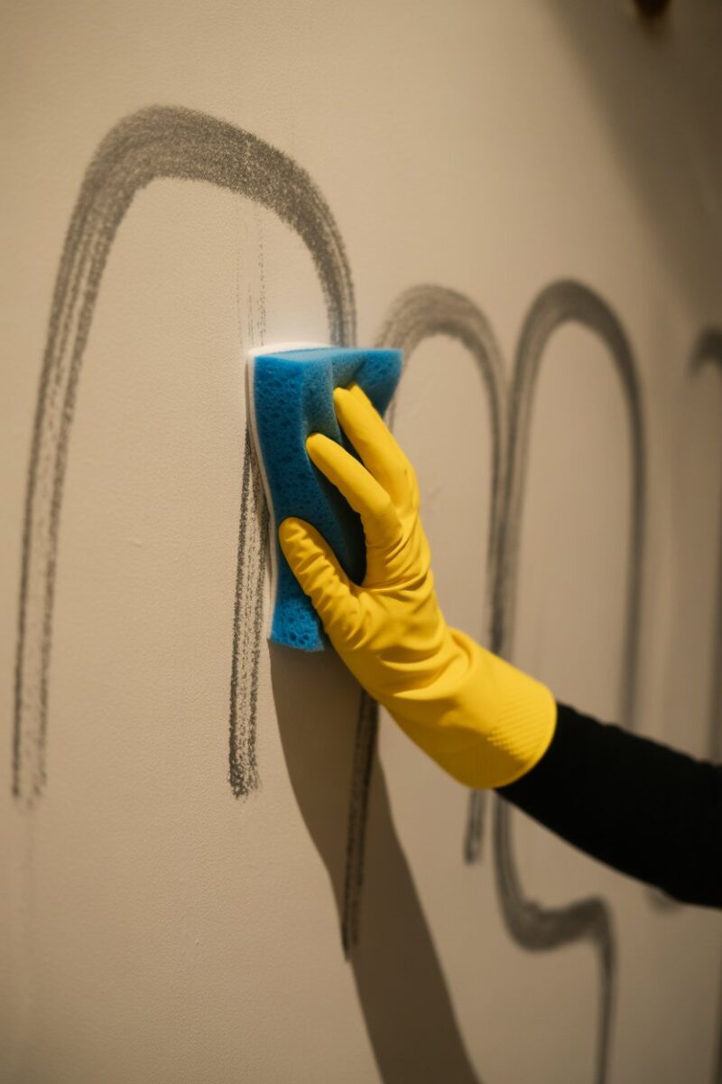 A person cleaning scuff marks from a wall with a sponge.