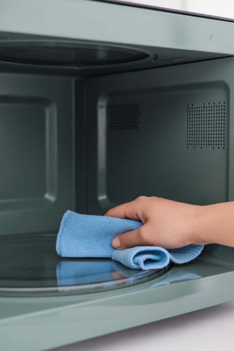 A person cleaning the inside of a microwave with a blue cloth.