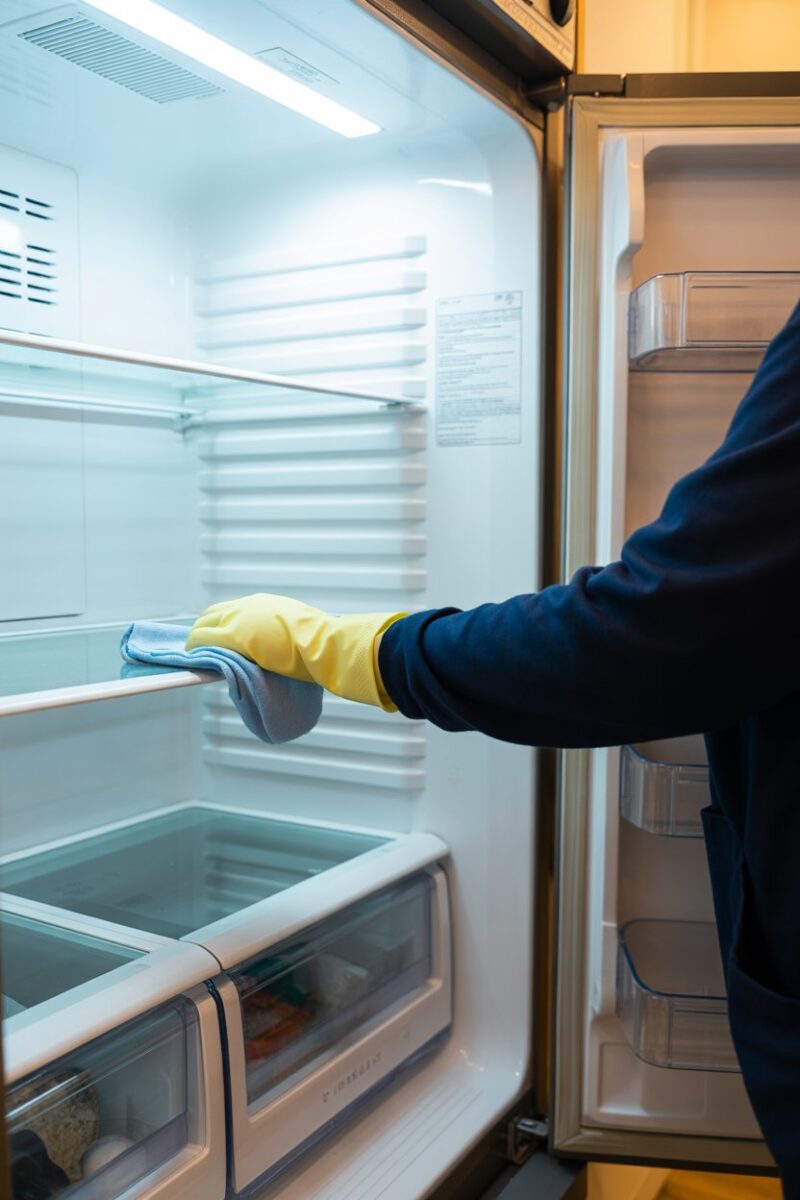 A person cleaning the inside of a refrigerator with a cloth while wearing gloves.