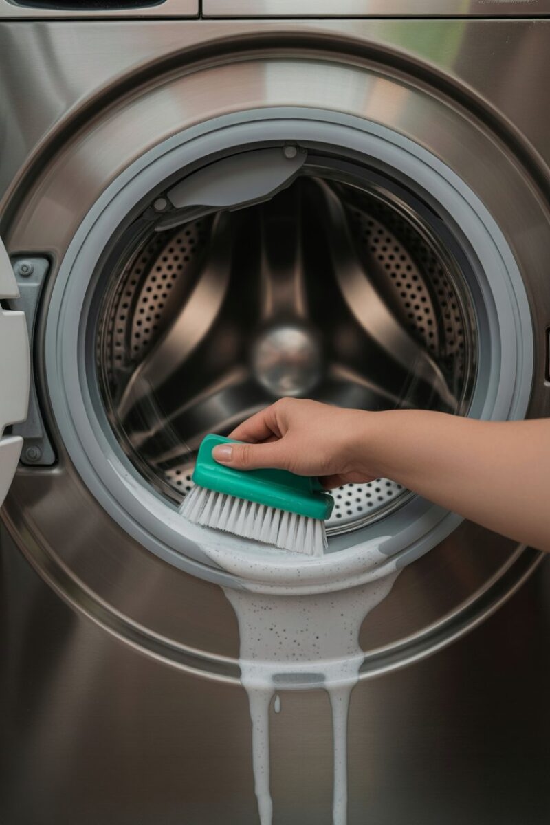 Person cleaning the inside of a washing machine with a brush and cleaning solution.