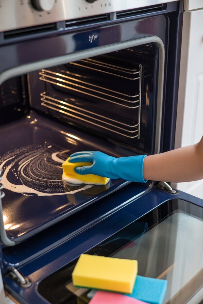 A person cleaning the inside of an oven with a spatula, surrounded by cleaning sponges.