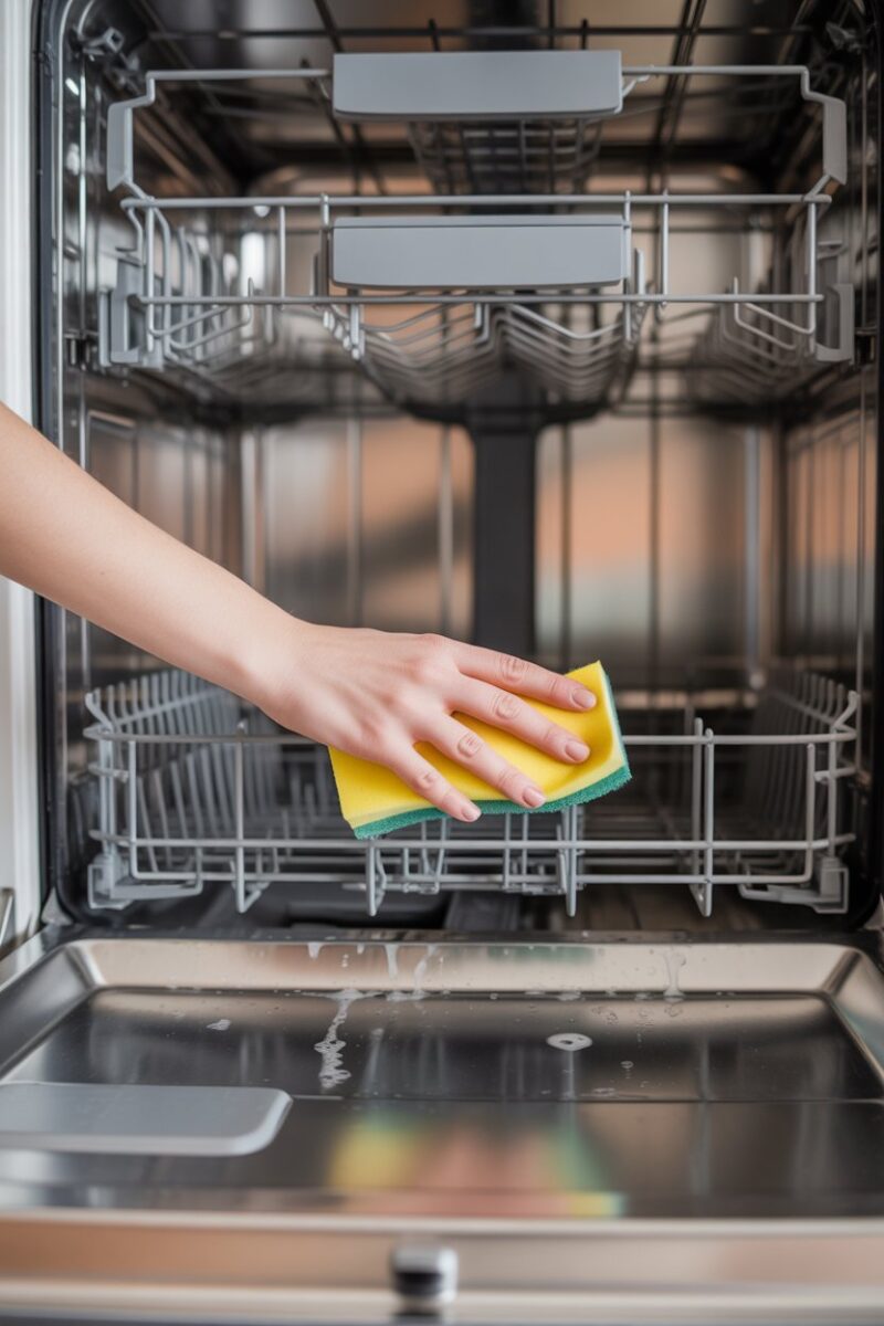 A person cleaning the interior of a dishwasher with a yellow sponge.