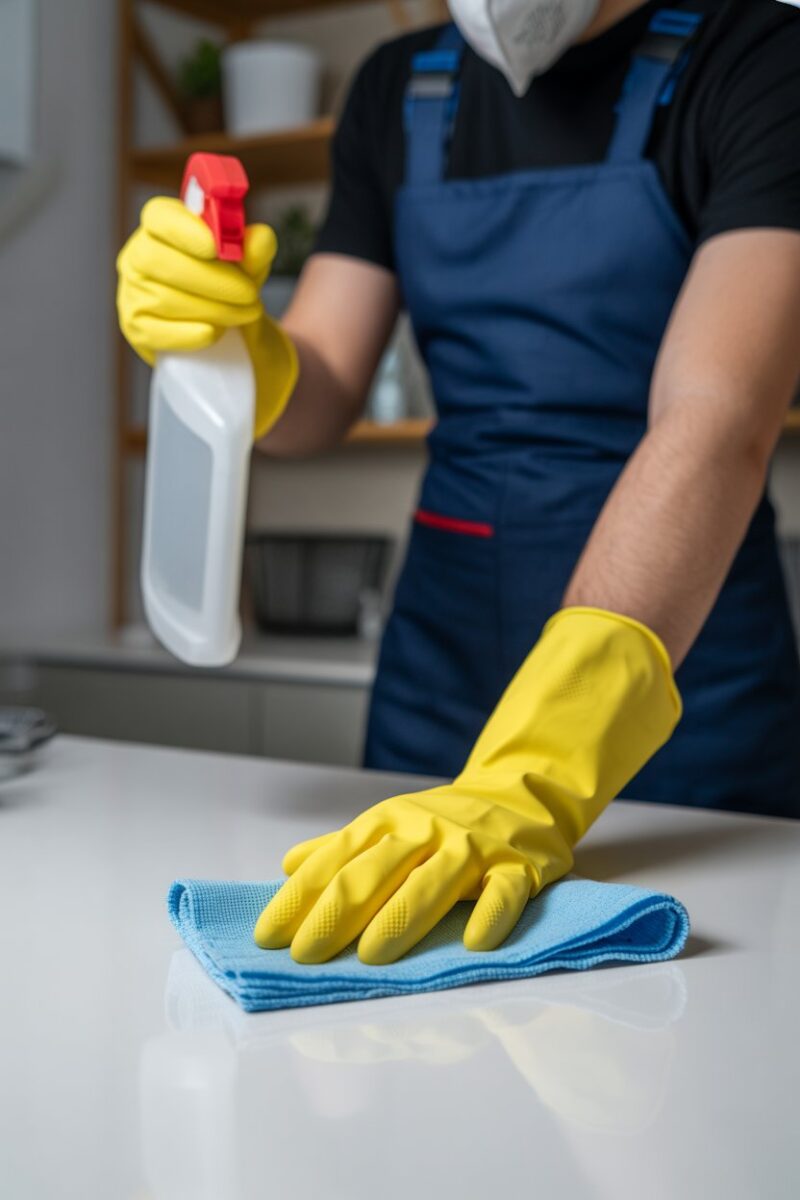A person cleaning with gloves and a mask, demonstrating safety while using cleaning chemicals.