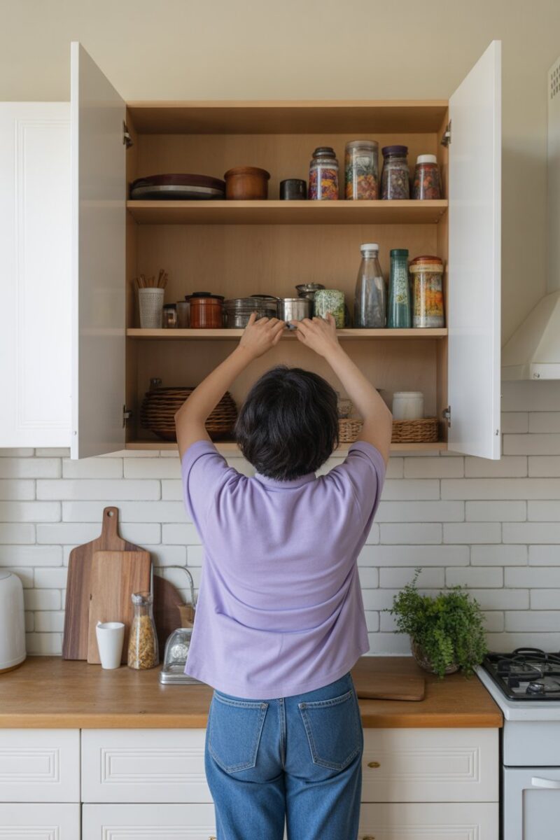 A person decluttering kitchen cabinets filled with various items.