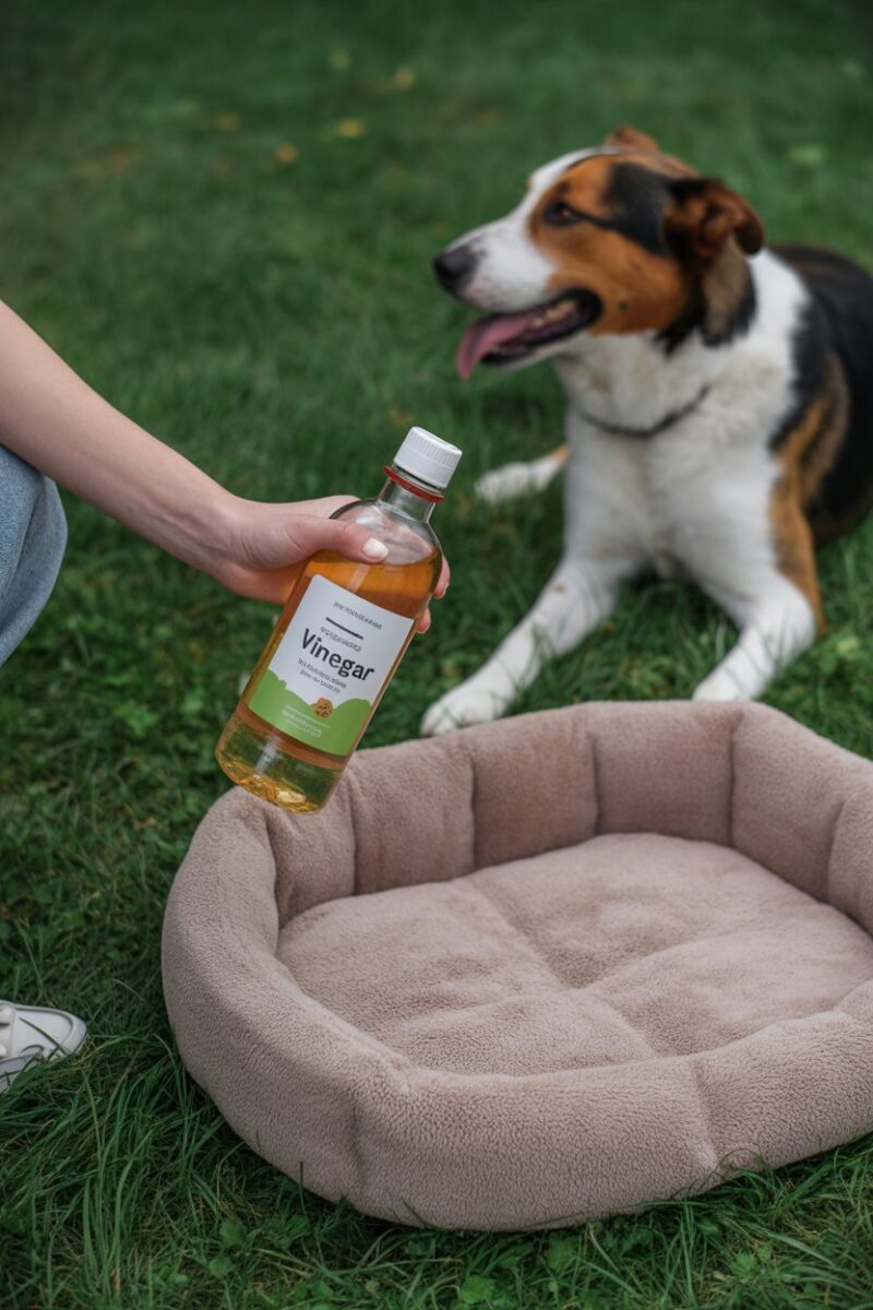 A person holding a bottle of vinegar above a pet bed in a grassy area with a dog nearby.