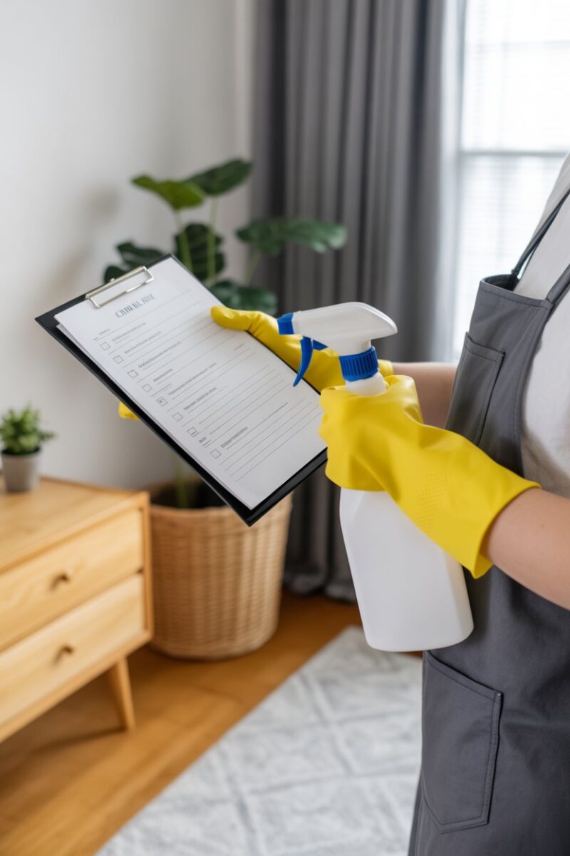 A person holding a cleaning checklist and supplies in a clean room.