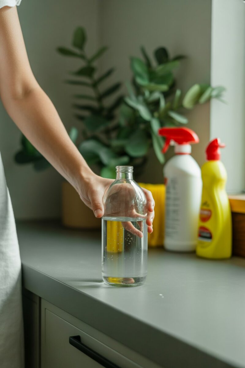 A person holding a glass bottle filled with water, with cleaning supplies in the background.