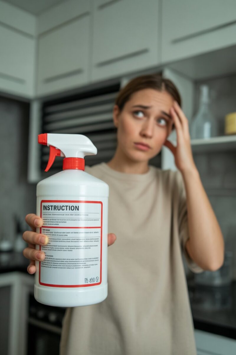 A person looking confused while holding a cleaning product with unclear instructions.