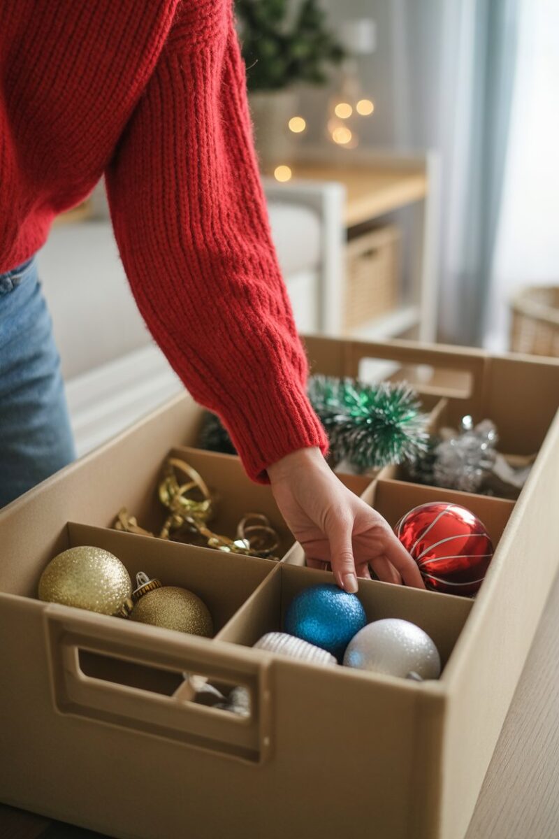 A person organizing holiday decorations in a storage bin.
