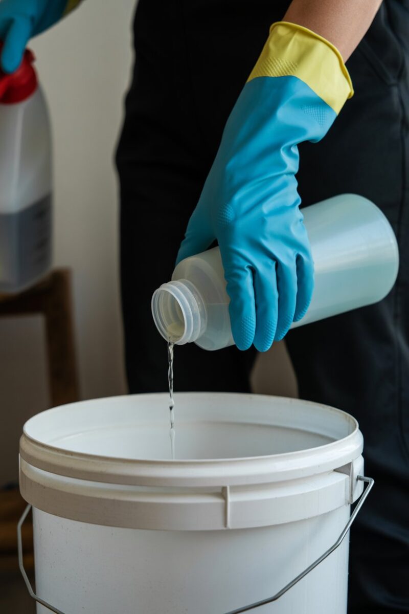 A person pouring cleaning solution into a bucket while wearing gloves.