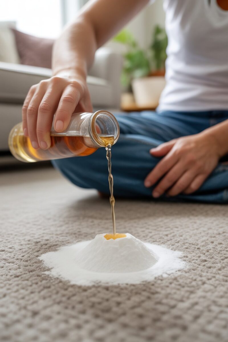 A person pouring vinegar over baking soda on a carpet for deodorizing.