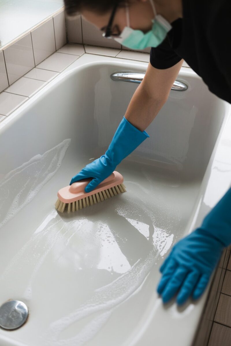 A person scrubbing a bathtub with a brush, wearing blue gloves and a mask.