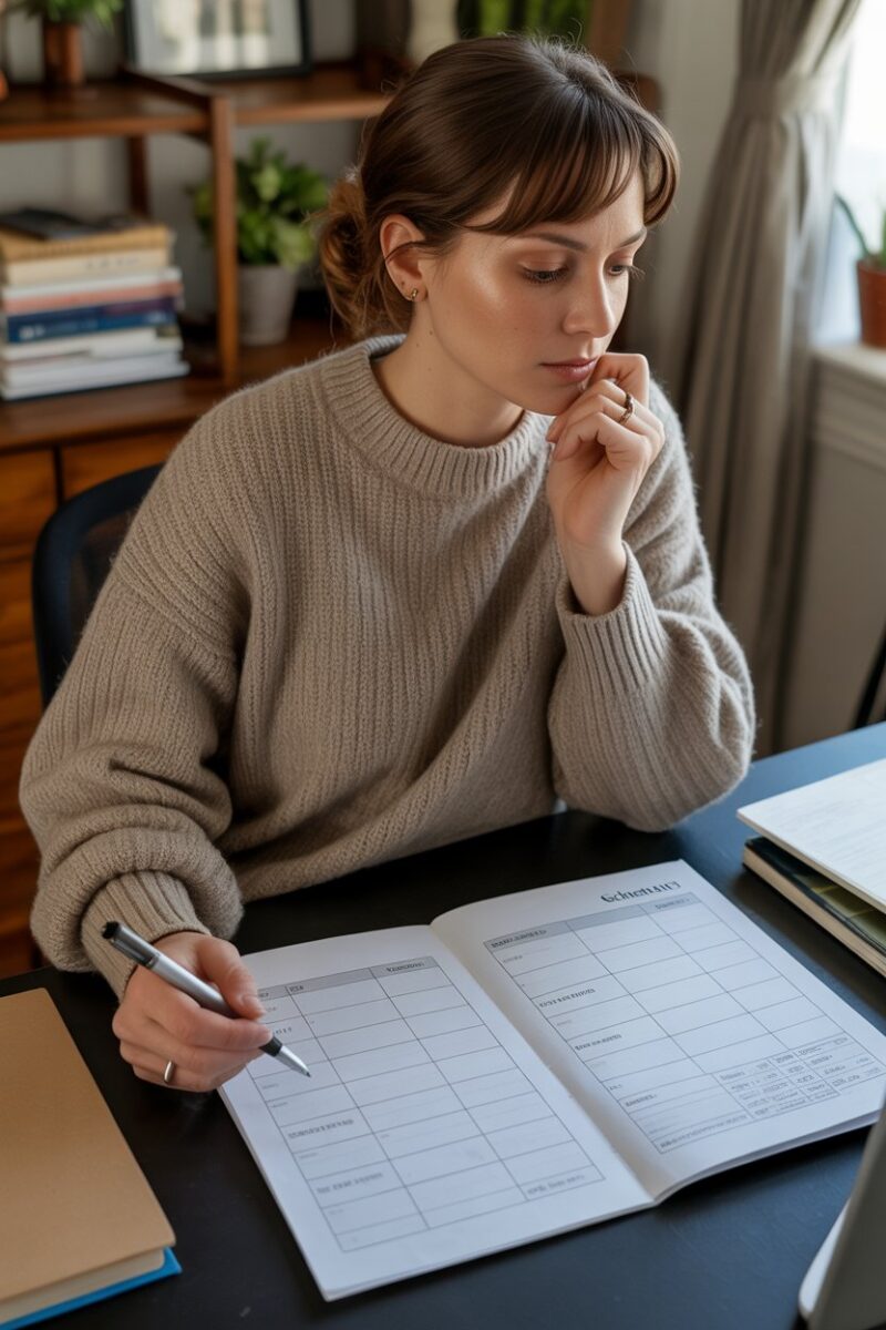 A person reviewing a cleaning schedule with a pen, looking thoughtful.