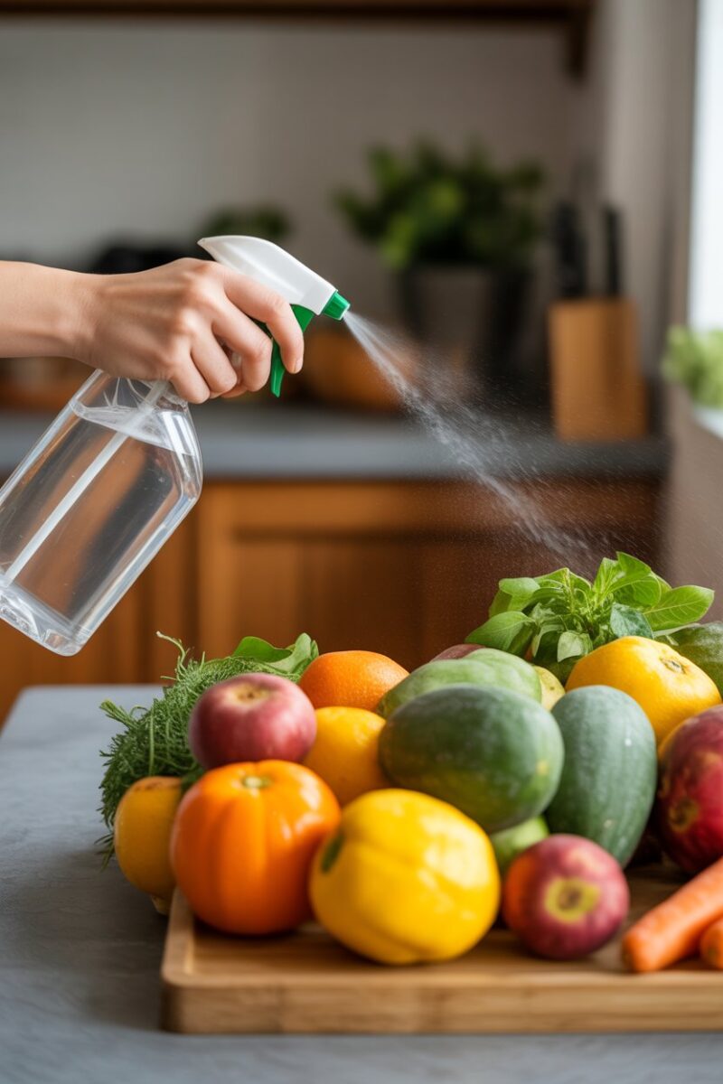 A person sanitizing kitchen counters with a spray cleaner and fresh fruits and vegetables on the surface.