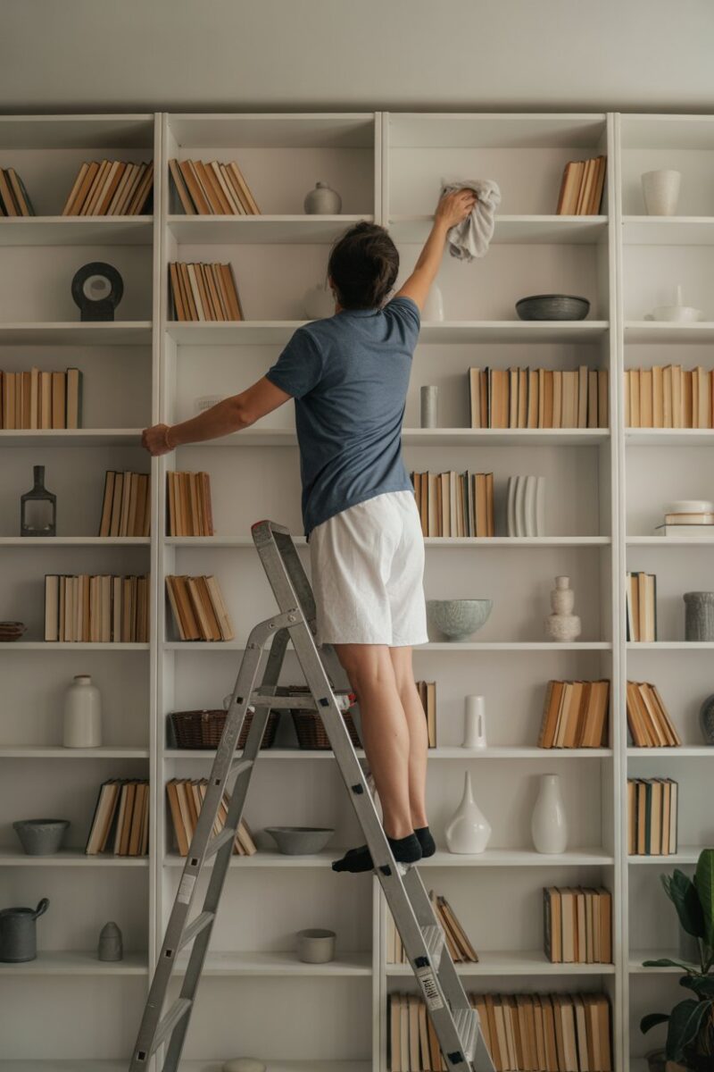A person dusting high shelves with a long duster, focusing on cleaning hard-to-reach areas.