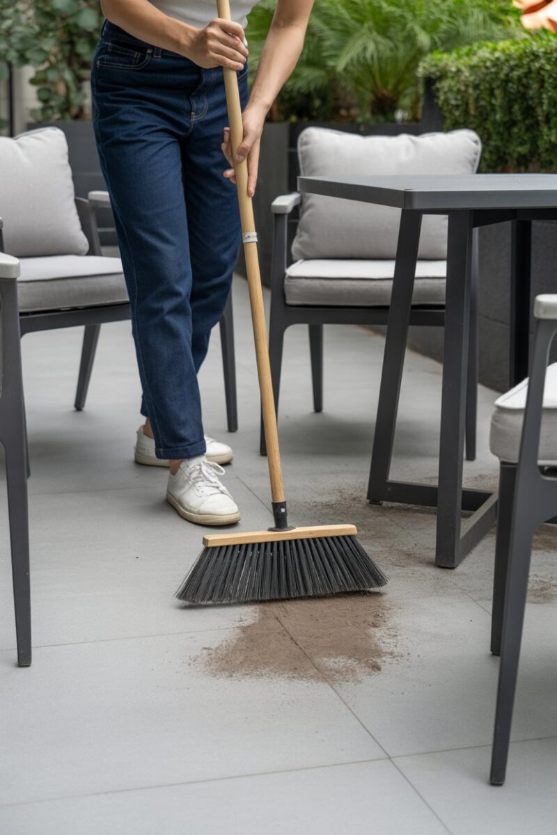 Person sweeping a patio with a broom, surrounded by outdoor furniture.