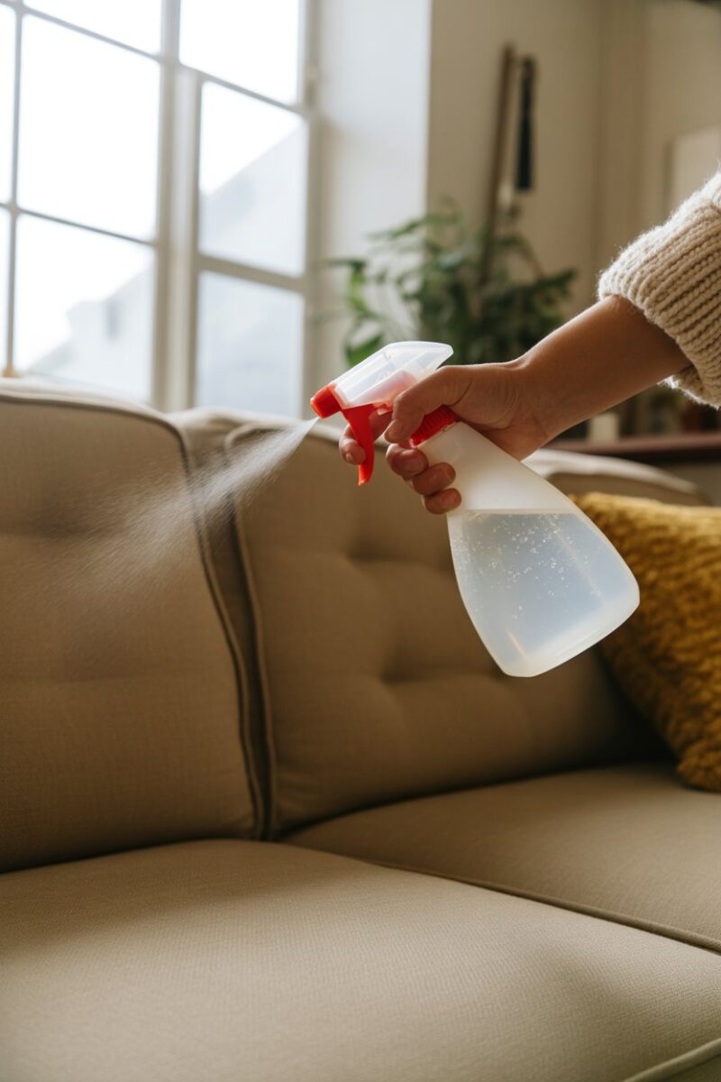 A person using a spray bottle on a couch to refresh upholstery with vinegar.