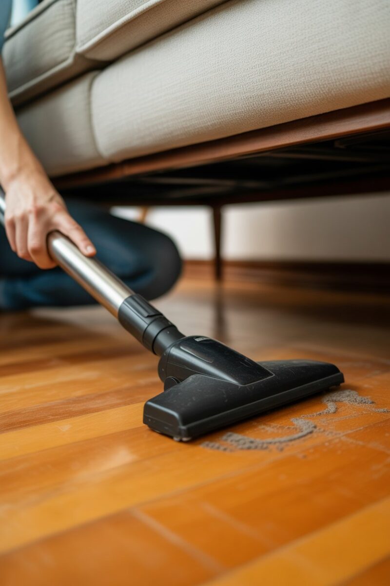 A person vacuuming underneath a couch, showing dust and debris on the floor.