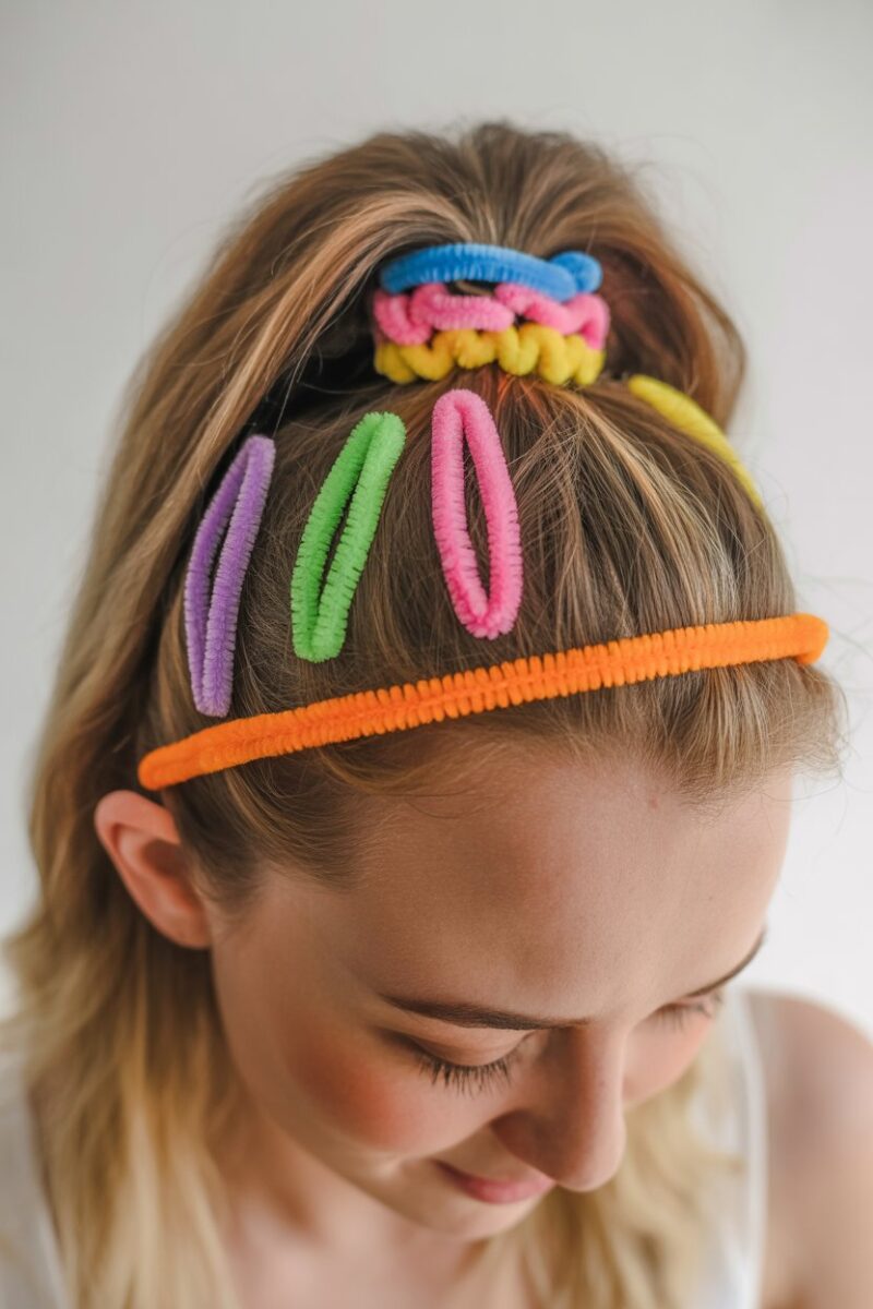 Colorful pipe cleaner hair accessories arranged on a white surface.