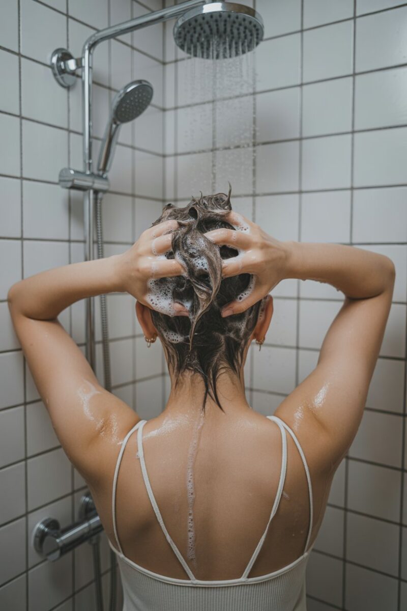 A person washing their hair in the shower with soap and water.