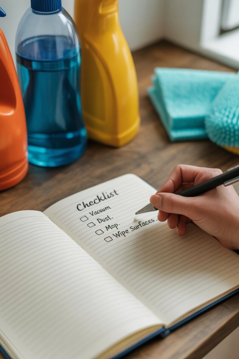 A person writing a cleaning checklist in a notebook with cleaning supplies in the background.