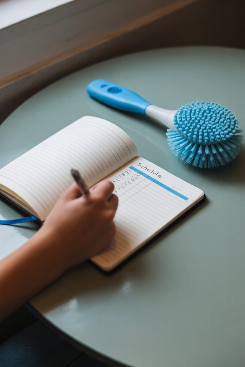 A person writing a cleaning schedule in a notebook with a blue cleaning brush nearby.